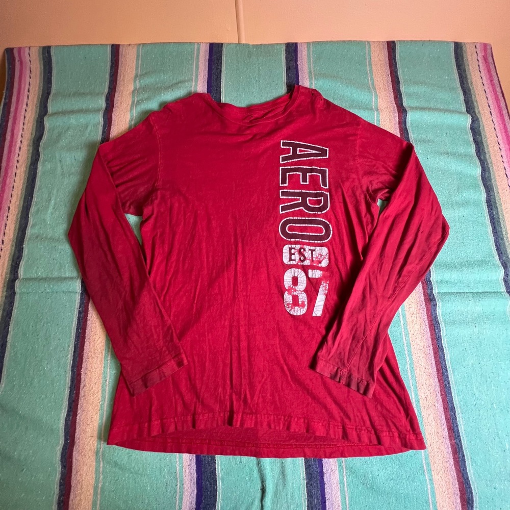 Aeropostale Long Sleeve Shirt Mens L Red Graphic Tee Distressed Thrashed Y2K